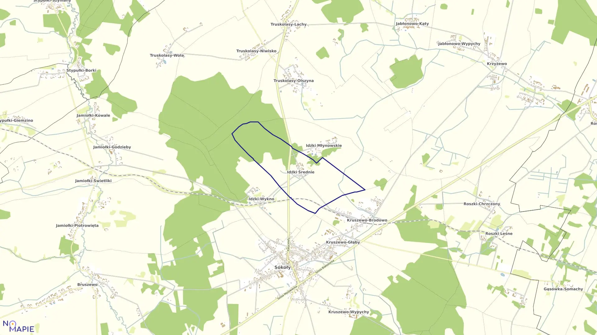 Mapa obrębu IDŹKI ŚREDNIE w gminie Sokoły