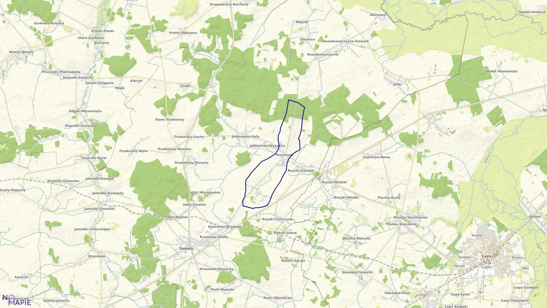 Mapa obrębu KRZYŻEWO w gminie Sokoły