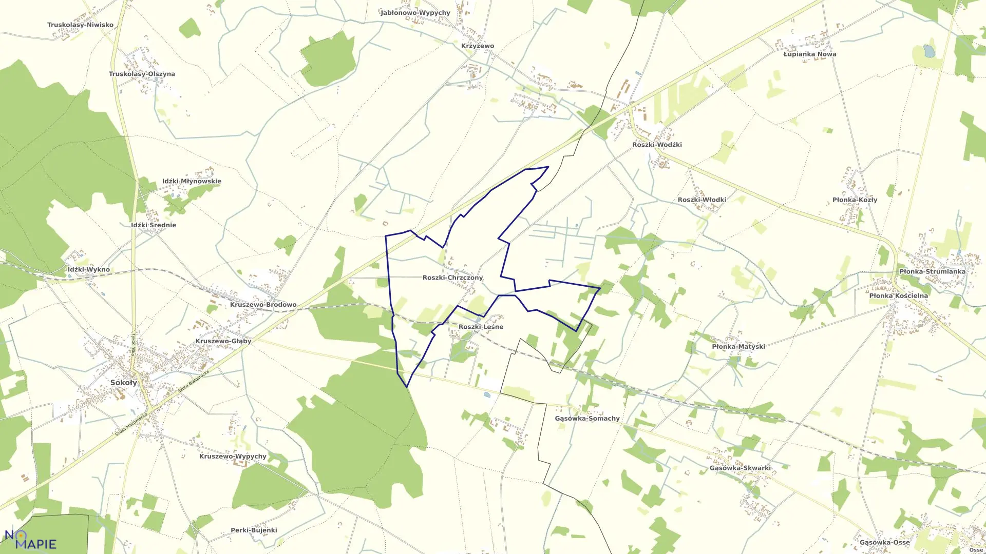 Mapa obrębu ROSZKI-CHRZCZONY w gminie Sokoły