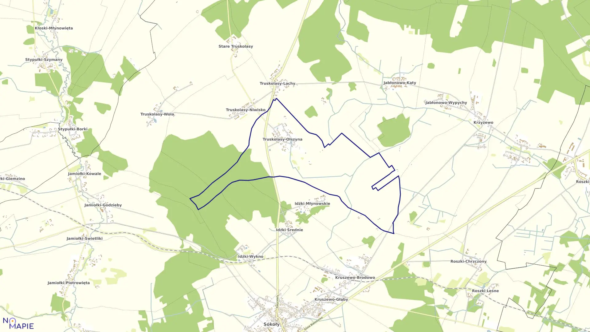 Mapa obrębu TRUSKOLASY-OLSZYNA w gminie Sokoły